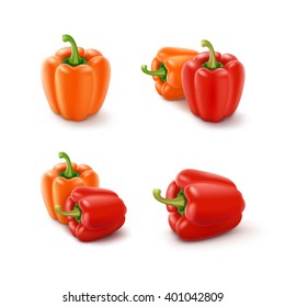 Vector Set of Colored Orange and Red Sweet Bulgarian Bell Peppers, Paprika Isolated on White Background