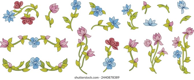 Vector set of colored ornamental flowers and design elements for spring, summer and wedding decorative designs. Oriental and Asian style. Extremely clean ready to cut vector graphics.