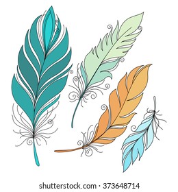 Vector Set of Colored Ornate Decorative Feathers. Tribal Collection of Design Elements