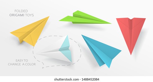 Vector set of colored paper airplanes in different angles. Collection of elements in paper style. Folded origami toys isolated from background. Easy to change color. 