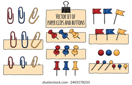 Vector set of colored paper clips, buttons and fasteners for papers and stationery.