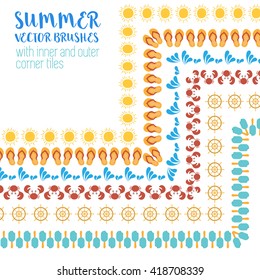 Vector set of colored pattern brushes, summer time and beach theme.Sun, flip flop, water drop and splash, crab, ice cream. Inner and outer corner tiles included.Can be used for frames, borders, cards.