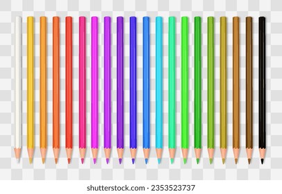 Vector set of colored pencils png. Back to school. Realistic set pencils for draw. Drawing collection for artwork. Vector illustration isolated on transparent background.