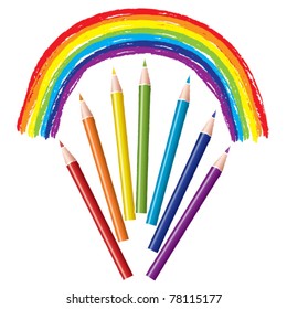 Vector Set Of Colored Pencils And Rainbow