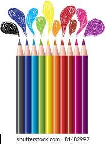 vector set of colored pencils and scribble bubbles. colored pencils / crayons isolated on white background.