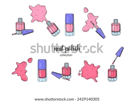 Vector set with colored pink cosmetic nail polish blot, brush of gel polish, nail polish in sketch style.