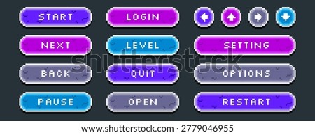 Vector set of colored pixel art start, pause, next, open and login button. Pixelated video game icons, arrows, text box frames, interface menu elements in 8bit retro style. Arcade ui graphic design