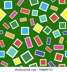 Vector Set of Colored Postal Stamps Seamless Pattern Isolated on Green Background