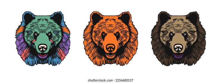 Vector set of colored powerful big bear heads with a mane and an open mouth on a white background. Cartoon icons, logos or emblems.