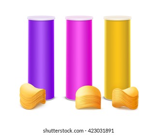 Vector Set of Colored Purple Pink Yellow Tin Box Container Tube for Package Design with Stack of Potato Crispy Chips Close up Isolated on White Background