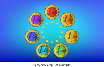 Vector set of colored rainbow iridescent coins of European Union, denomination of 1 euro. Money of Europe. Collection. Hobbies and numismatics. Design elements. One