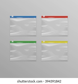 Vector Set of Colored Red Blue Green Yellow Sealed Empty Transparent Plastic Zipper Bags Close up Isolated on Background