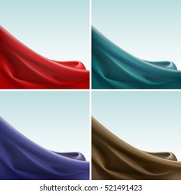 Vector Set Of Colored Red Blue Violet Purple Brown Turquoise Satin Silky Cloth Fabric Textile Drape With Crease Wavy Folds. Abstract Background