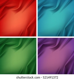Vector Set of Colored Red Green Blue Violet Purple Satin Silky Cloth Fabric Textile Drape with Crease Wavy Folds. Abstract Background