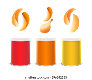 Vector Set of Colored Red Orange Yellow Small Tin Box Container Tube for Package Design with Stack of Potato Crispy Chips Close up Isolated on White Background