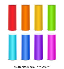 Vector Set of Colored Red Orange Yellow Green Light Blue Purple Pink Chips Tin Box Container Tube for Package Design Close up Isolated on White Background