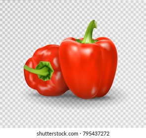 Vector Set of Colored Red Sweet Bulgarian Bell Peppers, Paprika Isolated on Transparent Background