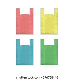 Vector Set of Colored Red Yellow Blue Green Empty Disposable Plastic Shopping Bags with Handles Close up Isolated on White Background
