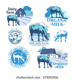 Vector set of colored retro farm vector icons depicting a cow a fresh logo and banner with the text for your design