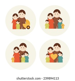 Vector set of colored retro icons happy family in simple figures on white background. Happy family stand together. Vector can be used as logotype 2.1