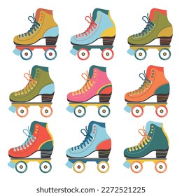 Vector set with colored roller skates. Vintage poster with roller skates.Bright stylish illustration