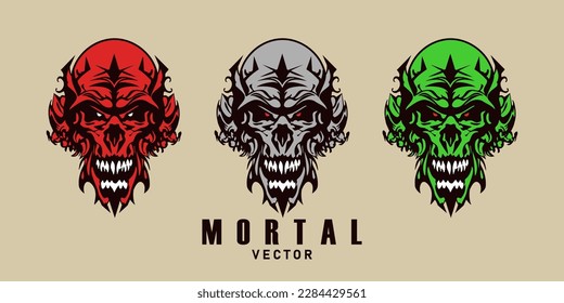 Vector set of colored scary mutant human skulls. Isolated background. The head of an ugly monster. Logo, sticker or icon.