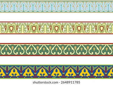 Conjunto vetorial de ornamentos árabes nacionais coloridos e sem emenda. Infinitas fronteiras étnicas, quadros de povos orientais. Pintura persa.
