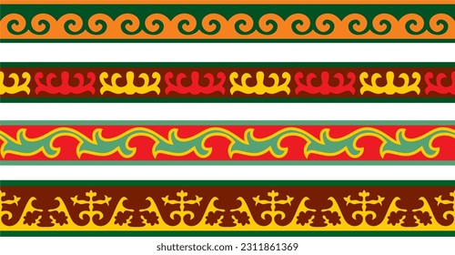 Vector set of colored seamless Kazakh national ornament. Ethnic endless pattern of the peoples of the Great Steppe, Mongols, Kyrgyz, Kalmyks, 
Buryats. circle, frame border.