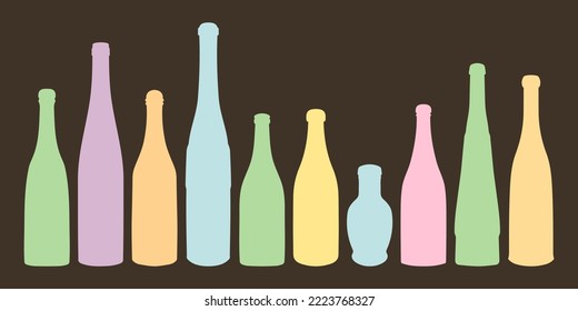 Vector set of colored shape of silhouette of bottle for alcohol, beer, kvass, waters. Outline of a container for storing liquid