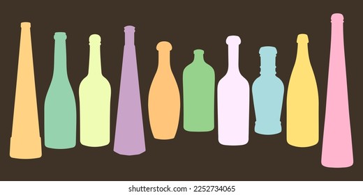 Vector set of colored shape of silhouette of bottle for alcohol, beer, kvass, waters. Outline of a container for storing liquid