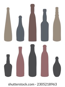Vector set of colored shape of silhouettes of glass bottles for alcohol, wine, whiskey, vodka, brandy, cognac, beer, kvass, champagne, liqueur