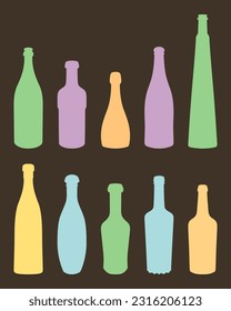 Vector set of colored shape of silhouettes of glass bottles for alcohol, wine, whiskey, vodka, brandy, cognac, beer, kvass, champagne, liqueur