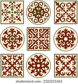 Vector set of colored signs Kazakh national ornament. Ethnic pattern of the peoples of the Great Steppe, Mongols, Kyrgyz, Kalmyks, 
Buryats. circle, frame border.