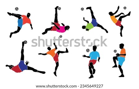 Vector set of colored silhouettes of male sepak takraw players. sepak takraw player and football sport logo design icon vector illustration People playing traditional Asian sport Sepak Takraw.