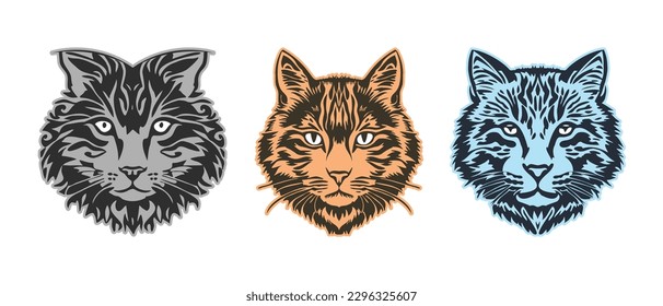 Vector set of colored simple graphic stencils of cute cat faces. White isolated background. Icons or stickers.