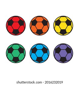 Vector set of colored soccer balls. Football red, orange, yellow, green, blue and purple illustration.