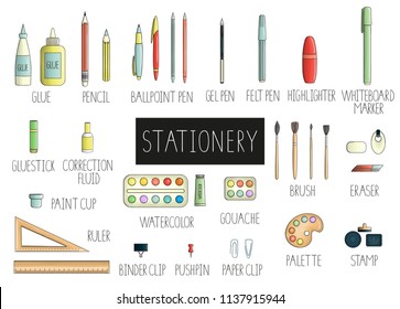 Vector set of colored stationery, writing materials, office or school supplies isolated on white background. Bright pack of pen, pencil, ruler, glue, paint, brush, pushpin, binder, paper clip, eraser