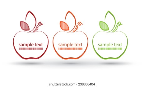 Vector set of colored stickers in the form of an apple with leaves of red orange and green colors and a bar code on a leaf and apple and the words option 1 2 3