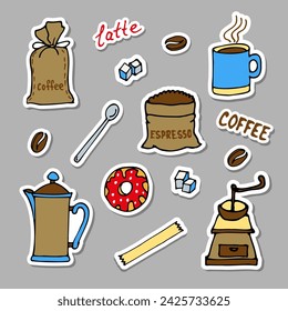 Vector set of colored stickers with images of coffee and coffee utensils.