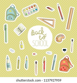 Vector set of colored stickers with stationery, writing materials, office or school supplies. Bright  pack of pen, pencil, ruler, glue, brush, paper clip, eraser, backpack. Back to school illustration
