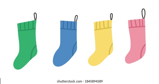 Conjunto vectorial de medias coloreadas para los regalos aislados sobre fondo blanco. Cuta graciosa ilustración del símbolo del año nuevo. Colección de iconos de Navidad de calcetines colgantes.
