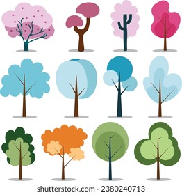 Vector set of colored trees and plant collection in hand drawn style. Cute Tree Elements