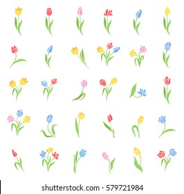 Vector set of colored tulips. Icons isolated on white background. Cute retro design in bright colors for stickers, labels, tags, gift wrapping paper.