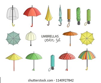 Vector set of colored umbrellas isolated on white background. Colorful pack of rain shields. Cartoon style