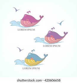 Vector set of colored whales on the waves, the logo of the organization.