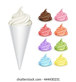 Vector Set of Colored White Brown Pink Orange Green Violet Blue Yellow Classic Soft Serve Ice Cream Waffle Cone with Different tastes, White Plastic Foil Wrapper for Package Design Close up Isolated