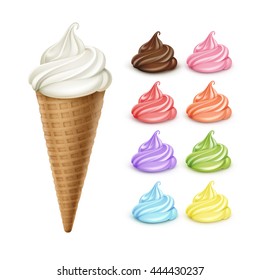 Vector Set Of Colored White Brown Pink Orange Red Green Lilac Violet Blue Yellow Classic Soft Serve Ice Cream Waffle Cone With Different Tastes Close Up Isolated On White Background