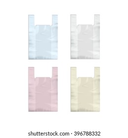 Vector Set of Colored White Pink Yellow Blue Empty Disposable Plastic Shopping Bags with Handles Close up Isolated on White Background