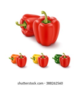 Vector Set of Colored Yellow Green Orange and Red Sweet Bulgarian Bell Peppers, Paprika Isolated on White Background