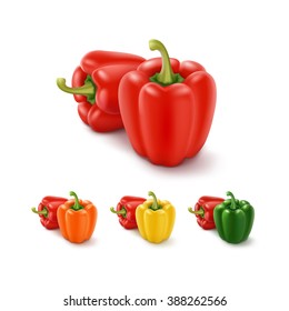 Vector Set of Colored Yellow Green Orange and Red Sweet Bulgarian Bell Peppers, Paprika Isolated on White Background